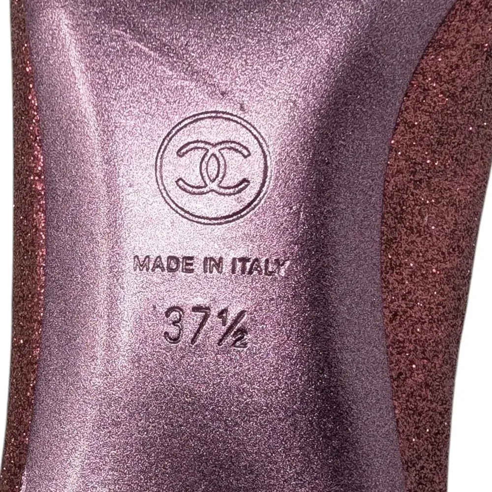 Chanel Ballet Block Heel Pumps Pink Glitter Grosgrain Cap Toe CC Logo 37.5 | 7 - Picture 11 of 13